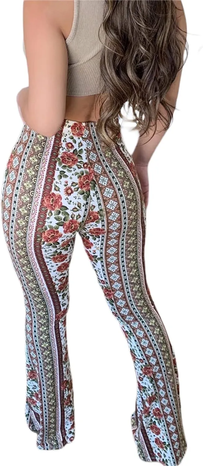 Womens Boho Flare Pants Retro Floral Print High Elastic Waist Bell Bottom Straight Wide Leg Yoga Palazzo Trousers
