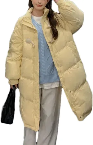 Women's Buckle High Neck Long Cotton-Padded Jacket Vintage Zipper Button Parka Coat