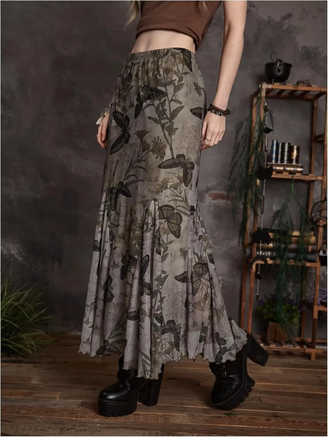 Women's Butterfly Print Fishtail Skirts High Waisted Mesh Vintage Maxi Skirt