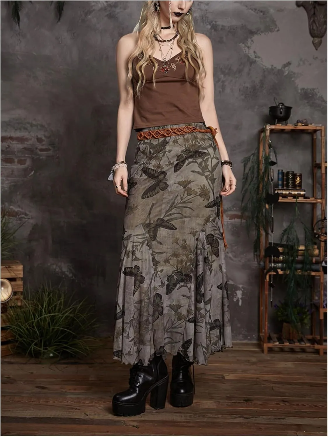 Women's Butterfly Print Fishtail Skirts High Waisted Mesh Vintage Maxi Skirt