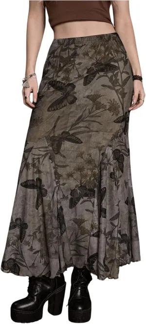 Women's Butterfly Print Fishtail Skirts High Waisted Mesh Vintage Maxi Skirt