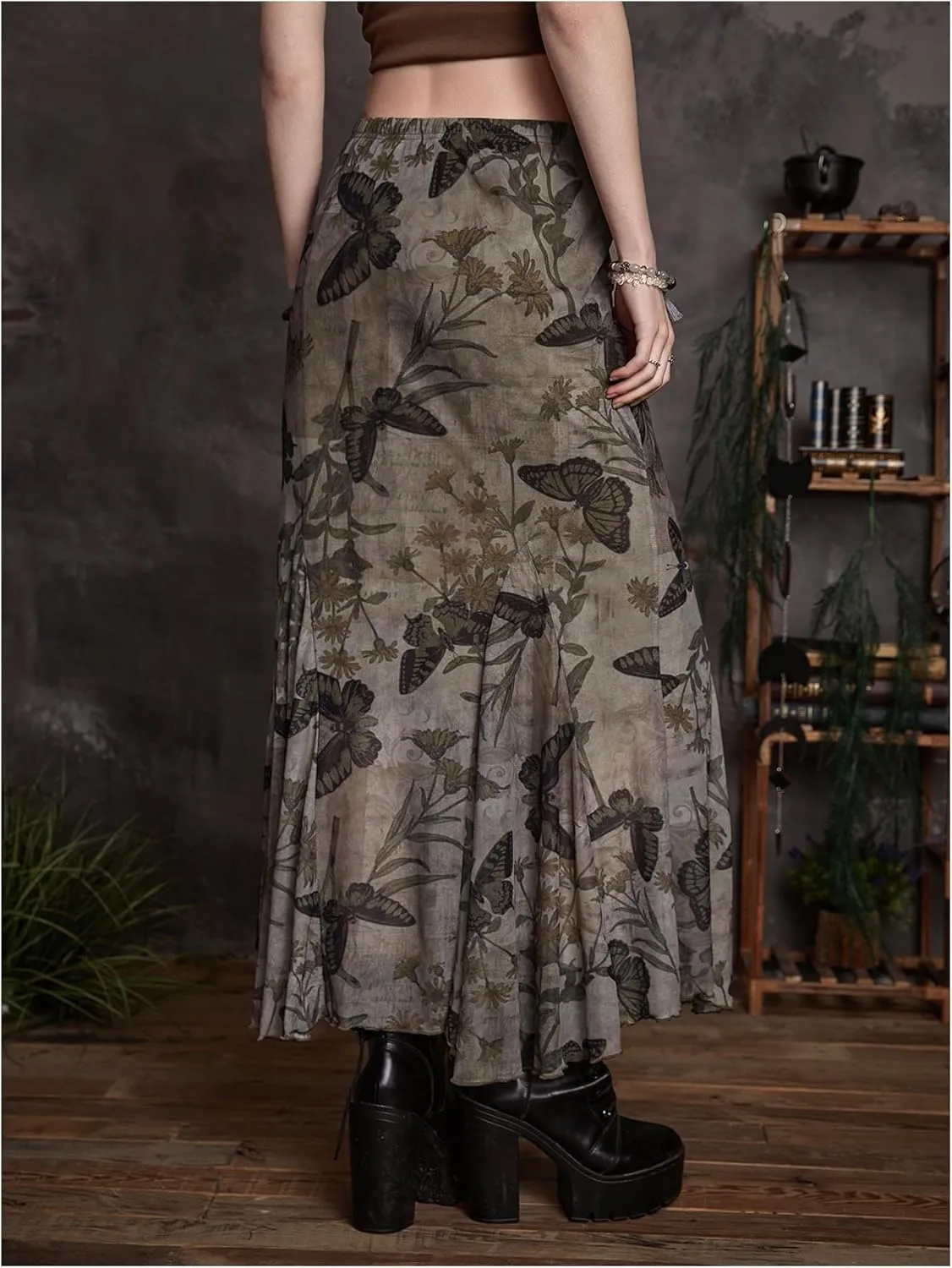 Women's Butterfly Print Fishtail Skirts High Waisted Mesh Vintage Maxi Skirt
