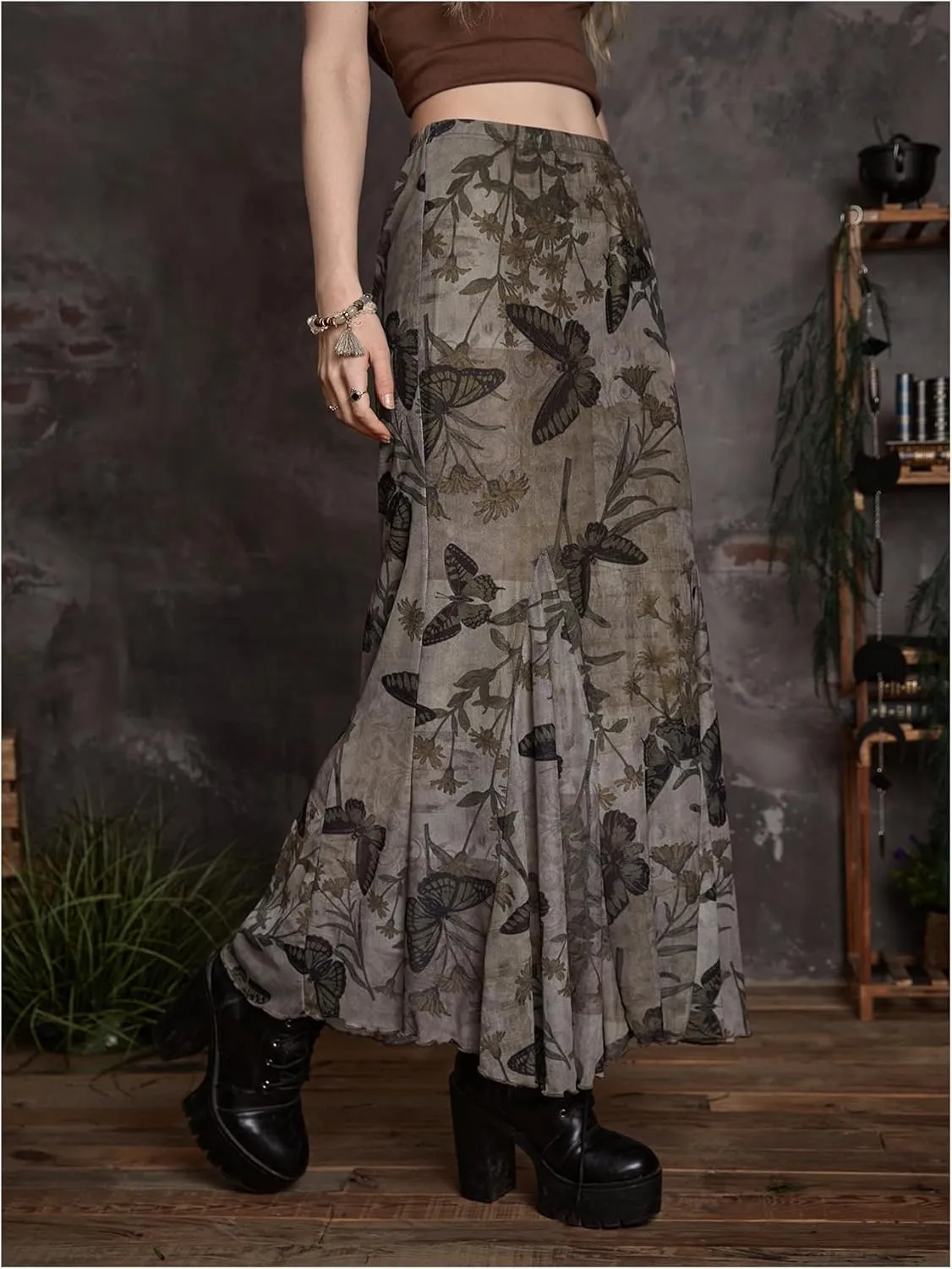 Women's Butterfly Print Fishtail Skirts High Waisted Mesh Vintage Maxi Skirt