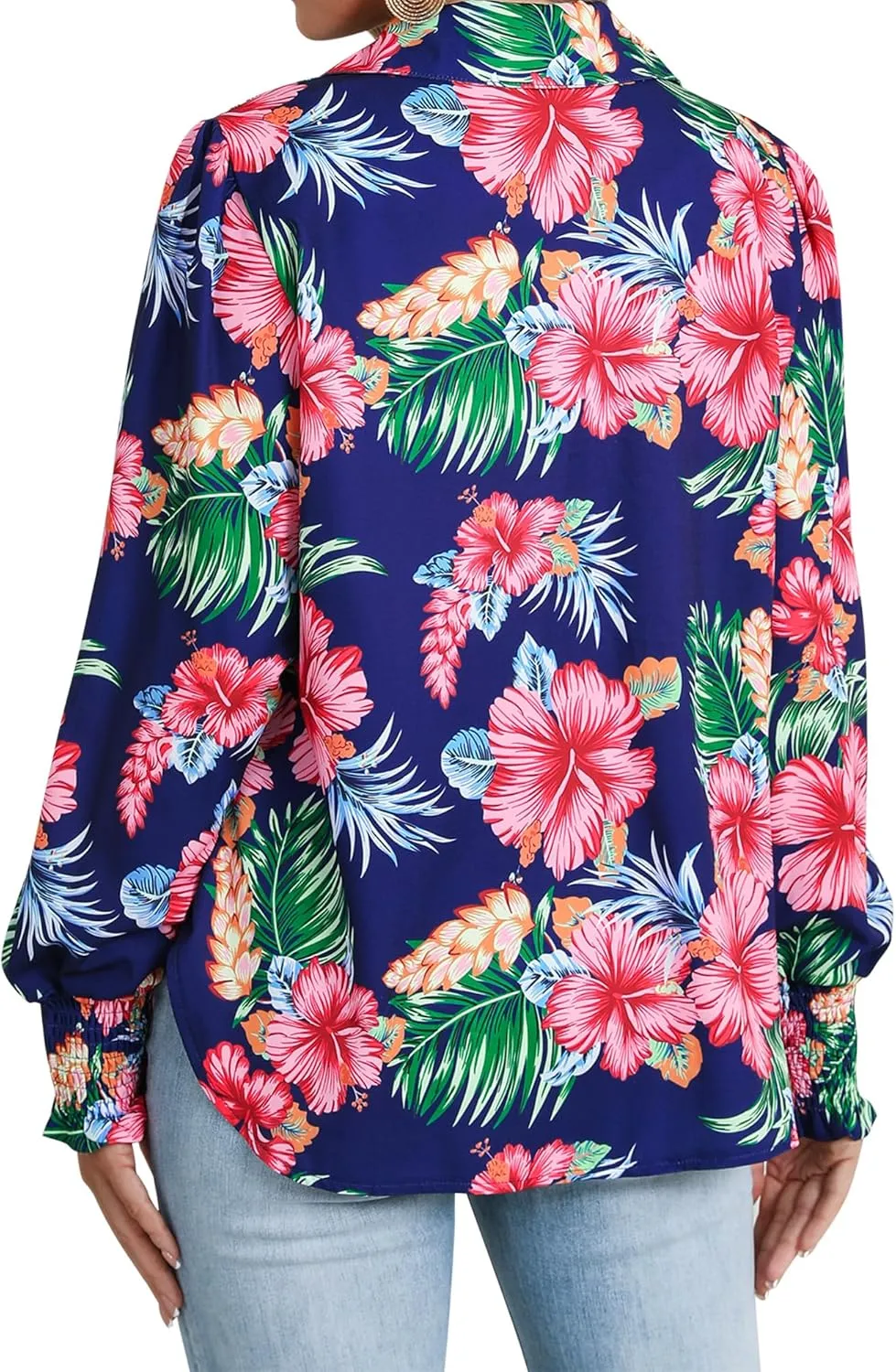 Womens Button Down Hawaiian Shirts Puff Long Sleeve Dressy Casual Floral Printed T-Shirt Trendy V Neck Comfy Boho Blouse Tops