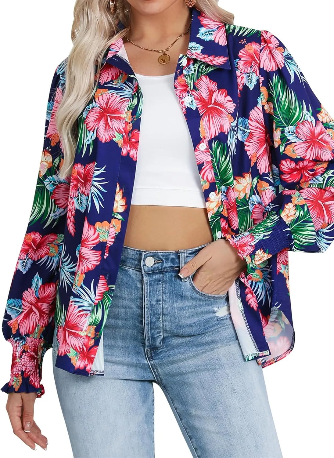 Womens Button Down Hawaiian Shirts Puff Long Sleeve Dressy Casual Floral Printed T-Shirt Trendy V Neck Comfy Boho Blouse Tops
