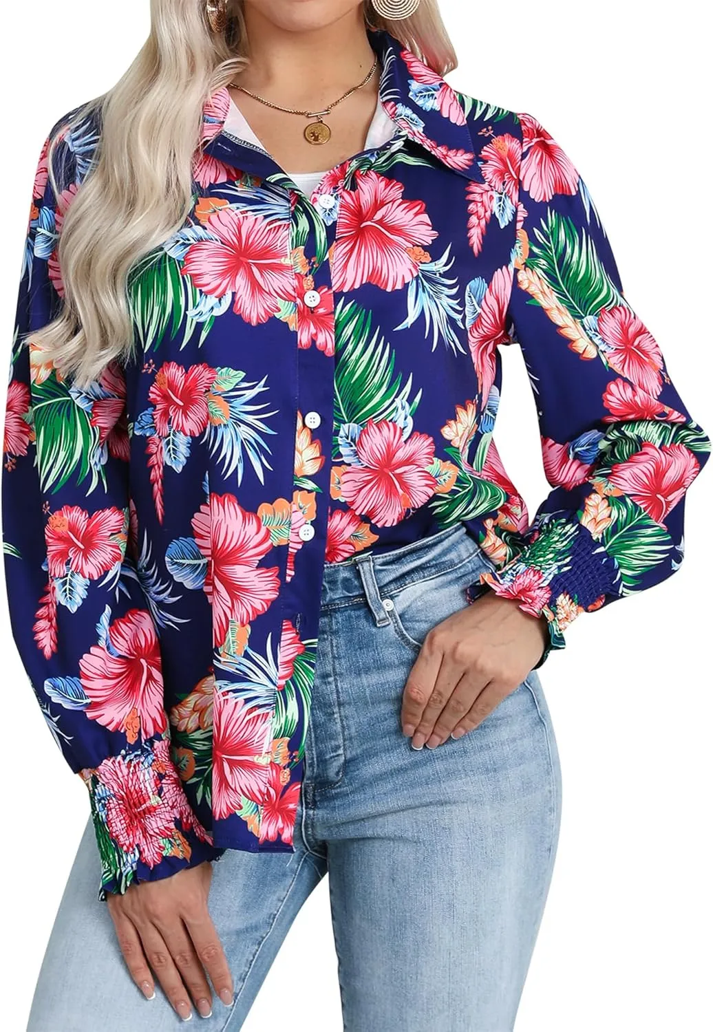 Womens Button Down Hawaiian Shirts Puff Long Sleeve Dressy Casual Floral Printed T-Shirt Trendy V Neck Comfy Boho Blouse Tops
