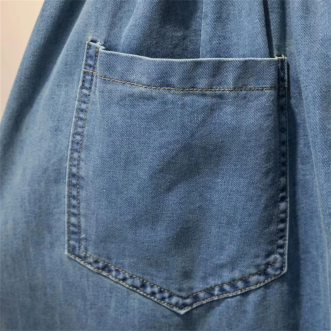 Women's Button Down High Slit Denim Skirts with Pockets High Waisted Casual Loose Office Work Skirts