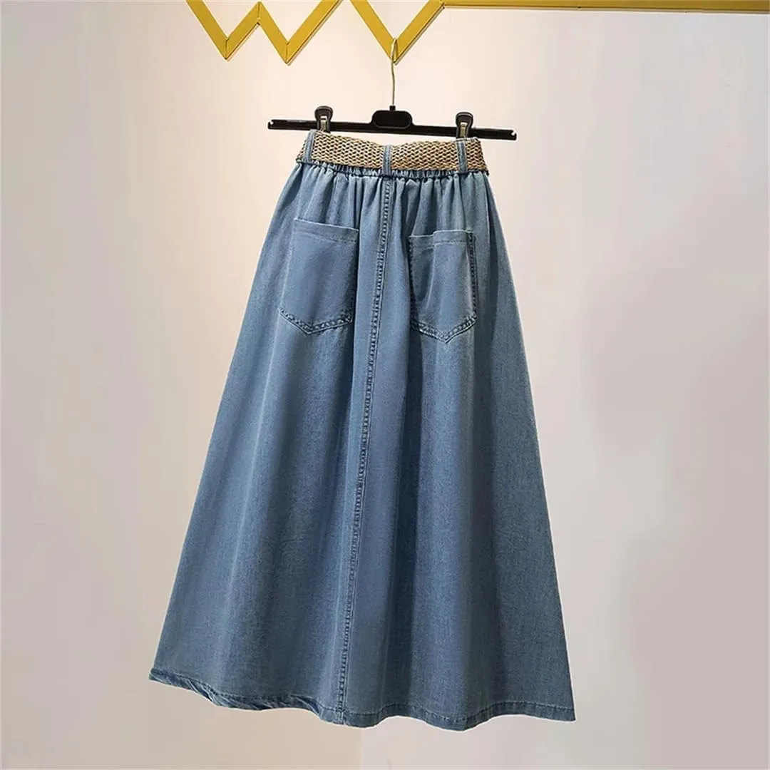 Women's Button Down High Slit Denim Skirts with Pockets High Waisted Casual Loose Office Work Skirts