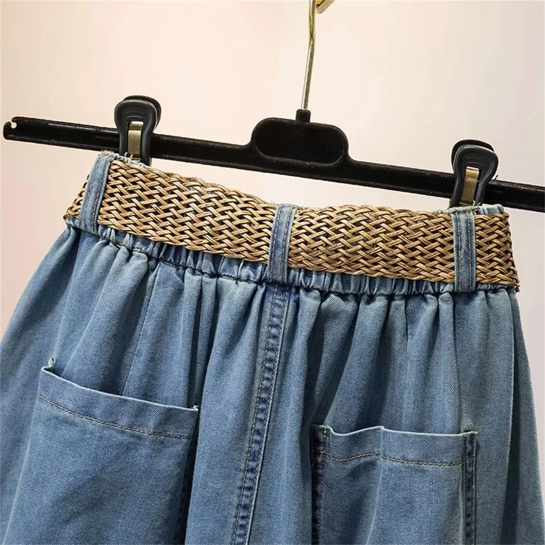 Women's Button Down High Slit Denim Skirts with Pockets High Waisted Casual Loose Office Work Skirts