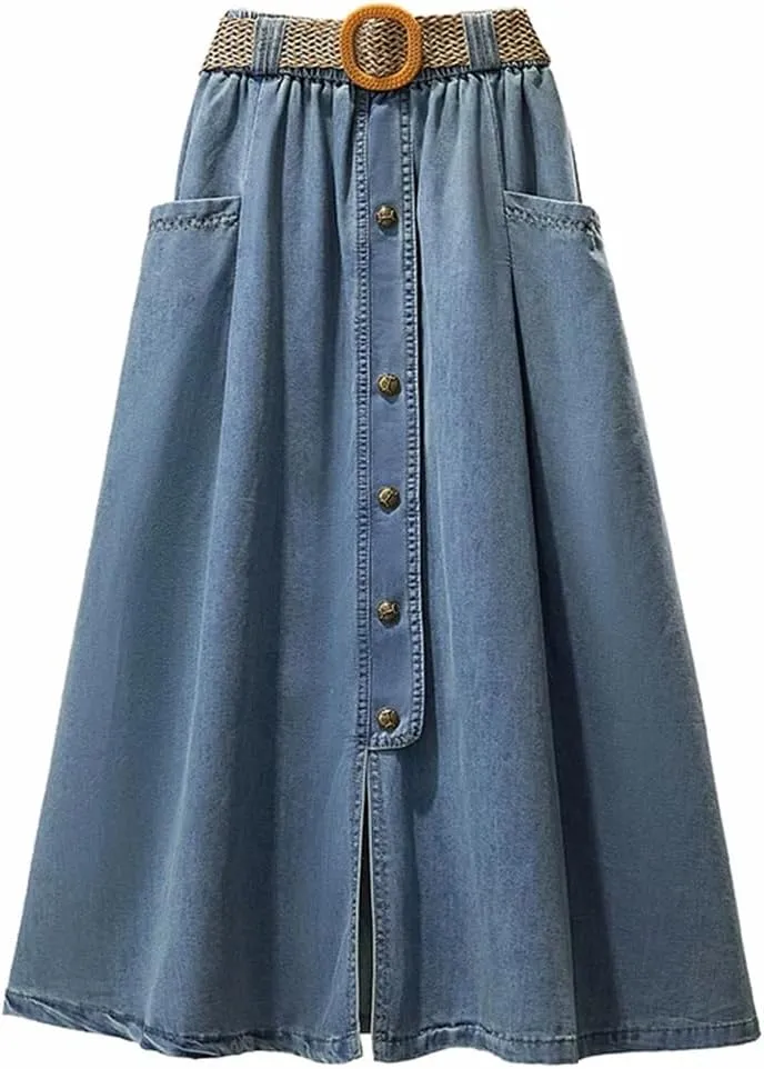 Women's Button Down High Slit Denim Skirts with Pockets High Waisted Casual Loose Office Work Skirts