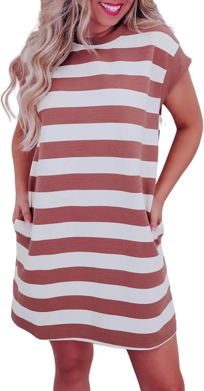 Womens Cap Sleeve Dresses Summer Crewneck Tshirt Dress Flowy Casual Mini Dress with Pockets