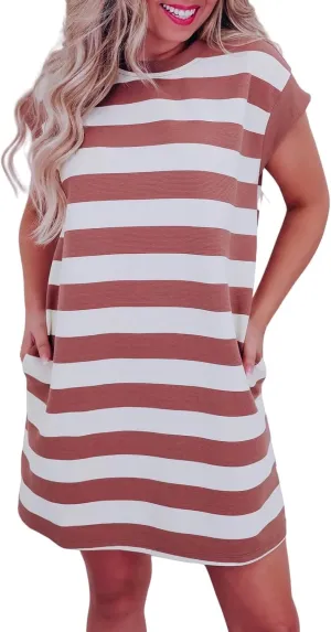 Womens Cap Sleeve Dresses Summer Crewneck Tshirt Dress Flowy Casual Mini Dress with Pockets