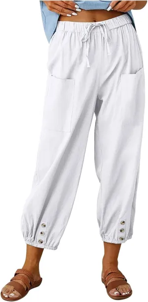 Women's Capri Pants Casual High Waist Cotton Linen Pants Summer Baggy Trouser with Pocket