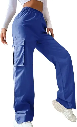 Women's Cargo Pants Y2K Elastic High Waist Straight Parachute Pants Solid Fashion Wide Leg Baggy Trousers with Large Pockets