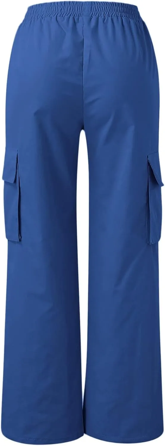 Women's Cargo Pants Y2K Elastic High Waist Straight Parachute Pants Solid Fashion Wide Leg Baggy Trousers with Large Pockets