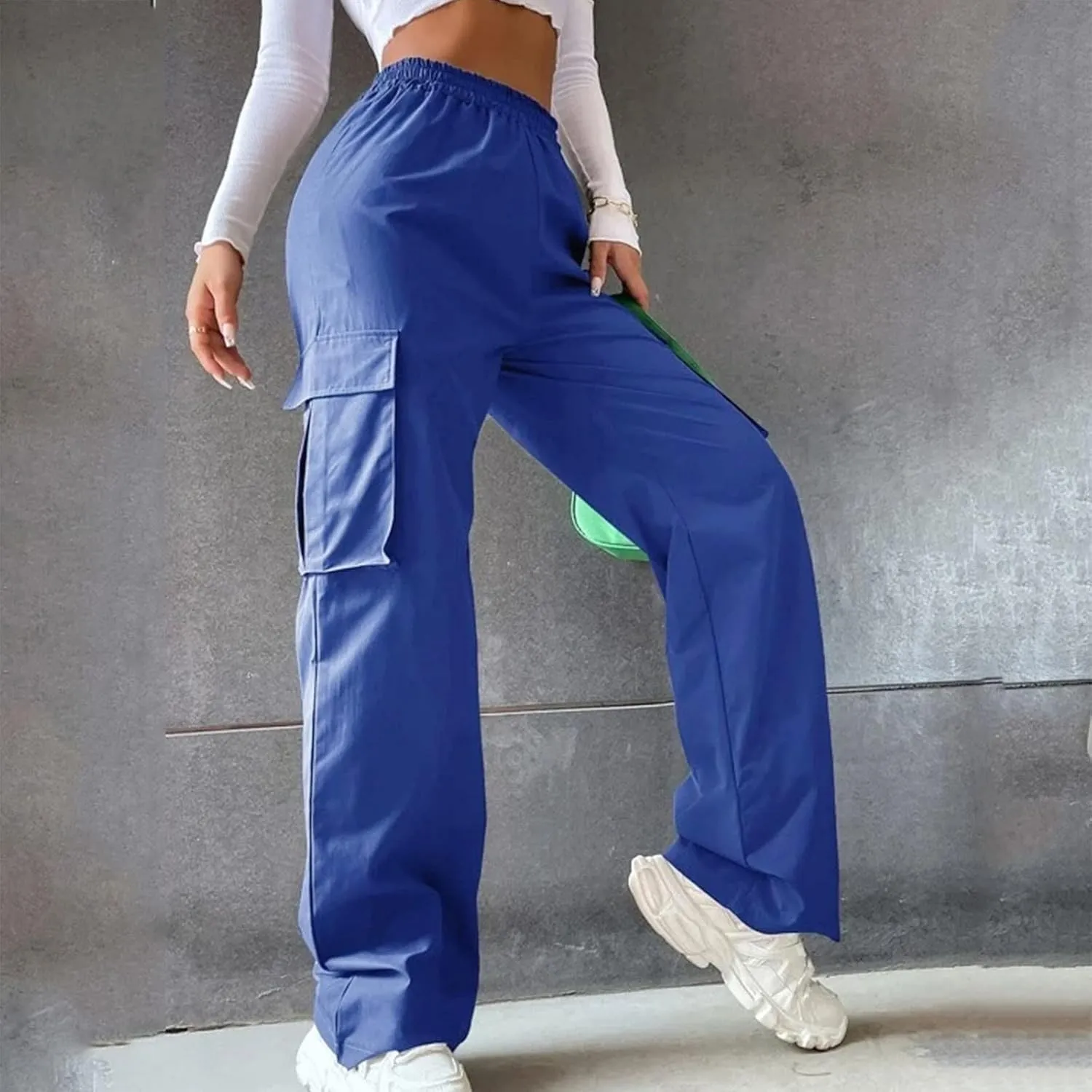 Women's Cargo Pants Y2K Elastic High Waist Straight Parachute Pants Solid Fashion Wide Leg Baggy Trousers with Large Pockets