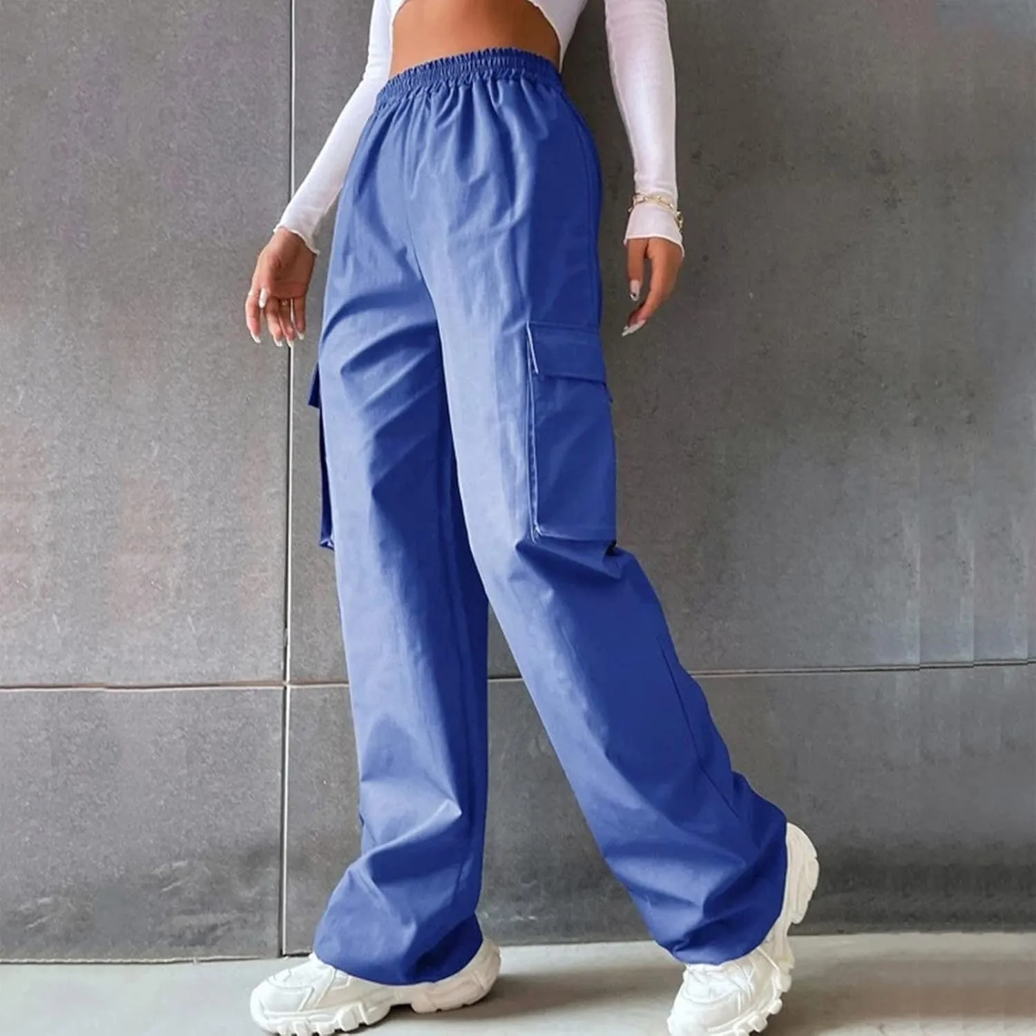 Women's Cargo Pants Y2K Elastic High Waist Straight Parachute Pants Solid Fashion Wide Leg Baggy Trousers with Large Pockets
