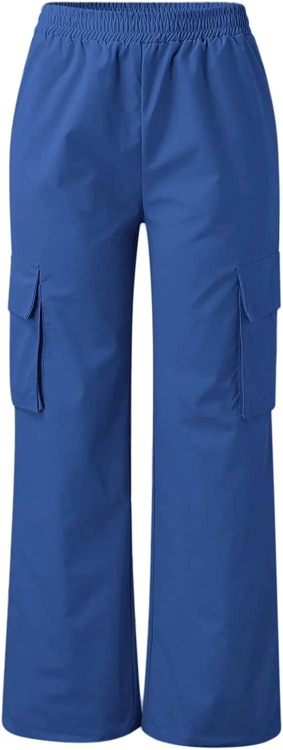 Women's Cargo Pants Y2K Elastic High Waist Straight Parachute Pants Solid Fashion Wide Leg Baggy Trousers with Large Pockets