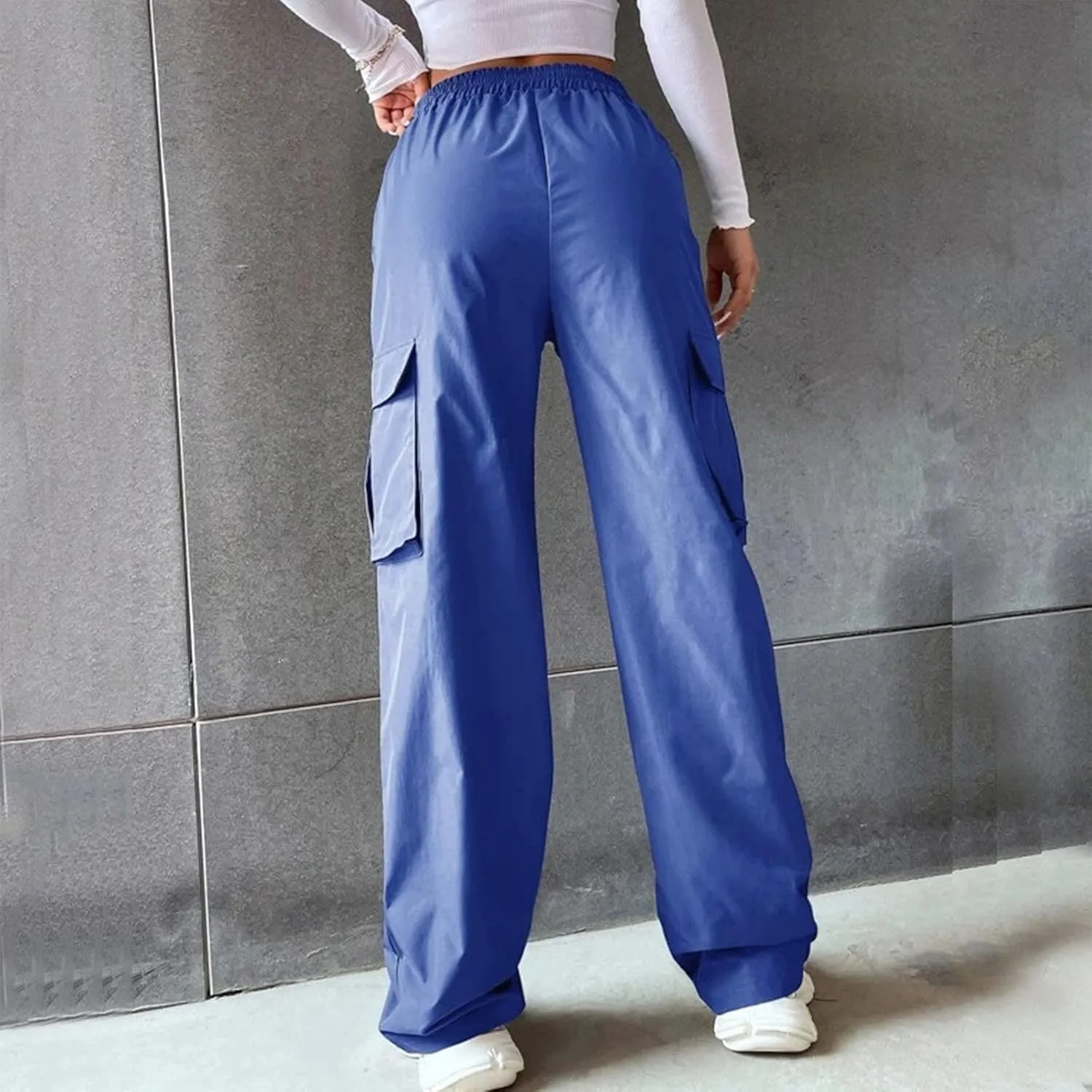 Women's Cargo Pants Y2K Elastic High Waist Straight Parachute Pants Solid Fashion Wide Leg Baggy Trousers with Large Pockets