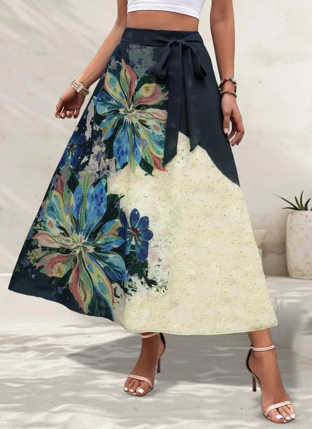 Women's Casual Elastic High Waisted Maxi Summer Skirt Tie Front A Line Floral Trendy Flowy Long Skirts
