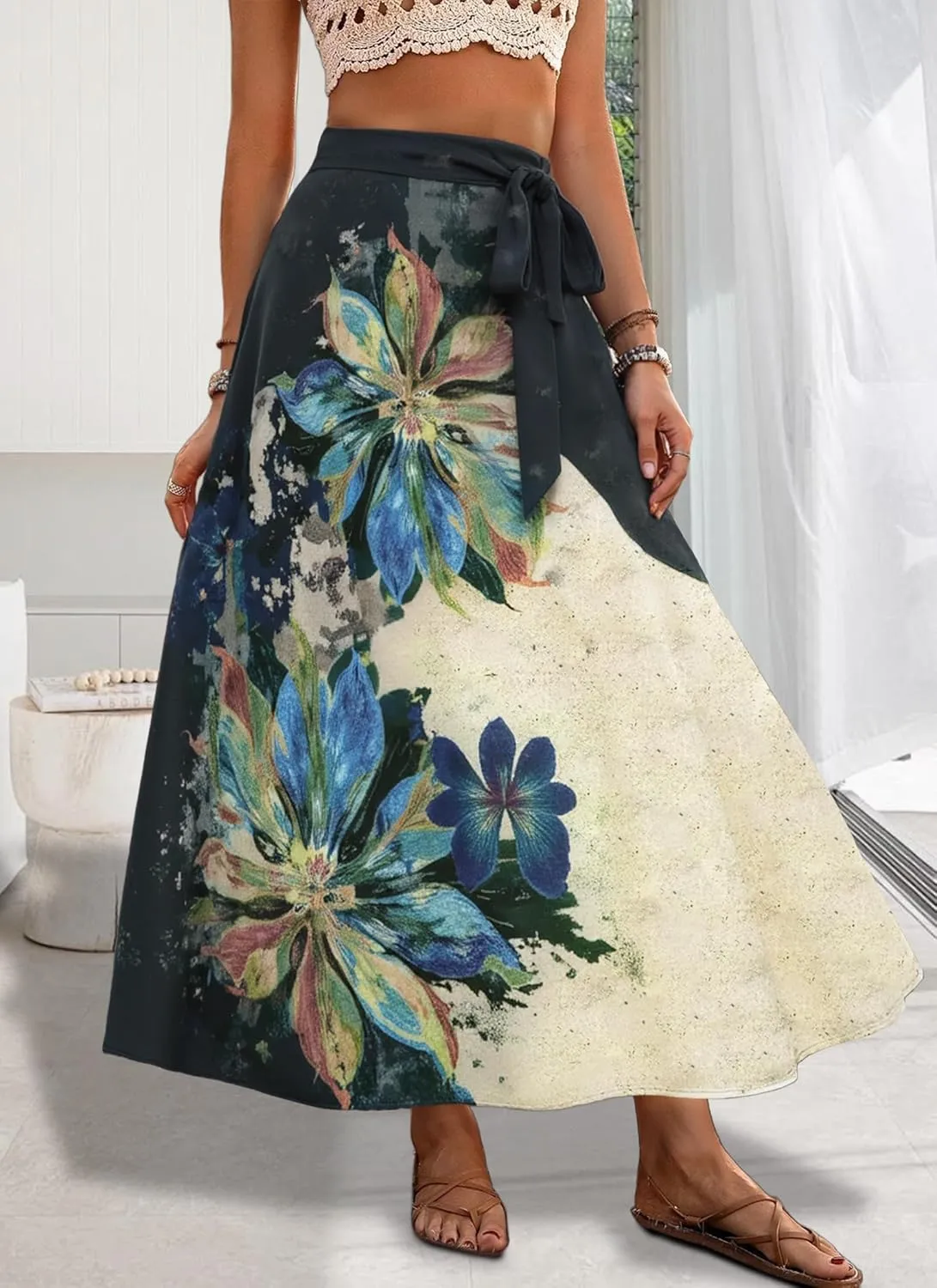 Women's Casual Elastic High Waisted Maxi Summer Skirt Tie Front A Line Floral Trendy Flowy Long Skirts