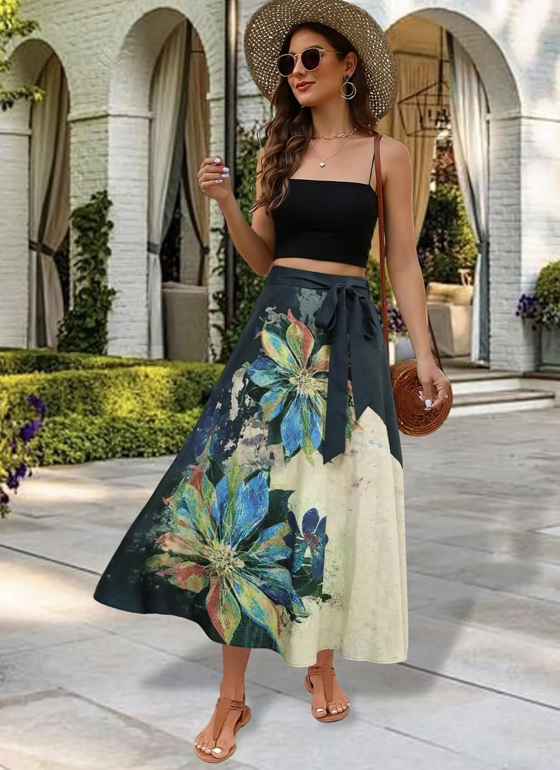 Women's Casual Elastic High Waisted Maxi Summer Skirt Tie Front A Line Floral Trendy Flowy Long Skirts