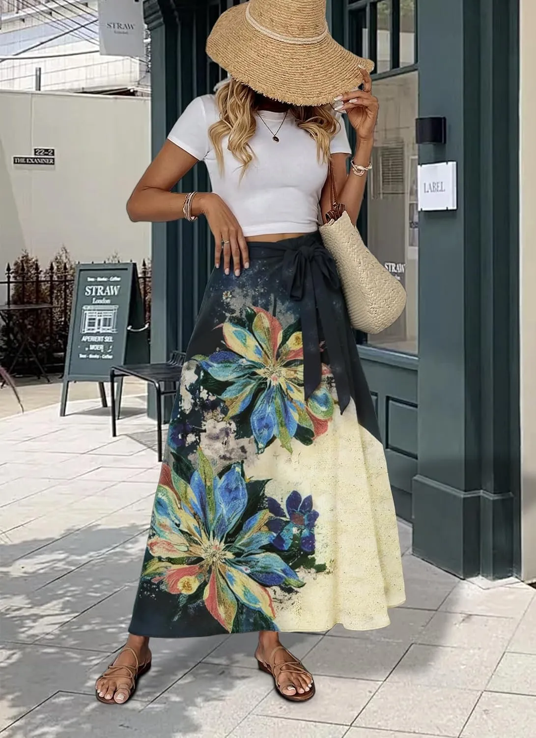 Women's Casual Elastic High Waisted Maxi Summer Skirt Tie Front A Line Floral Trendy Flowy Long Skirts