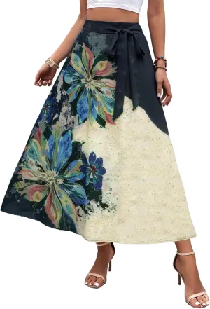 Women's Casual Elastic High Waisted Maxi Summer Skirt Tie Front A Line Floral Trendy Flowy Long Skirts