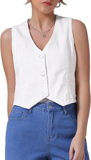 Women's Denim Vest V Neck Button Down Sleeveless Waistcoat Vest Top Western Outfits Casual Jean Vests