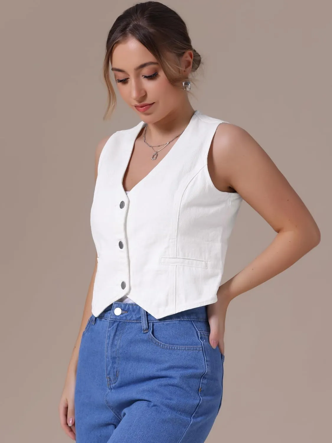 Women's Denim Vest V Neck Button Down Sleeveless Waistcoat Vest Top Western Outfits Casual Jean Vests