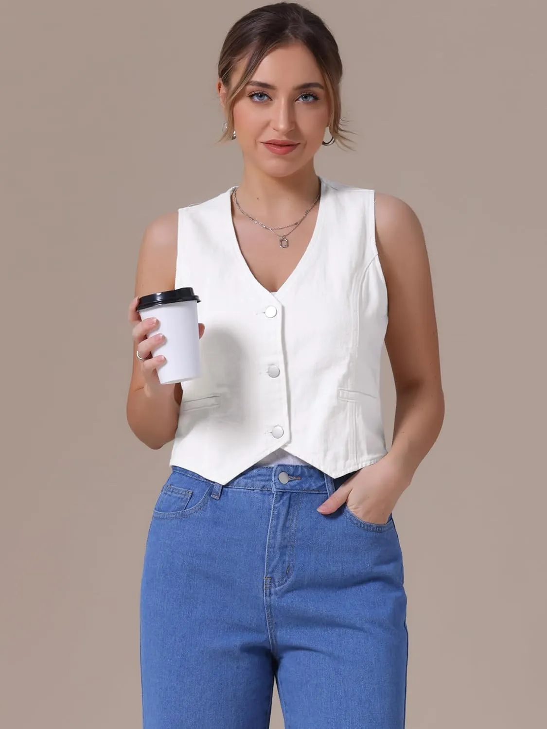 Women's Denim Vest V Neck Button Down Sleeveless Waistcoat Vest Top Western Outfits Casual Jean Vests