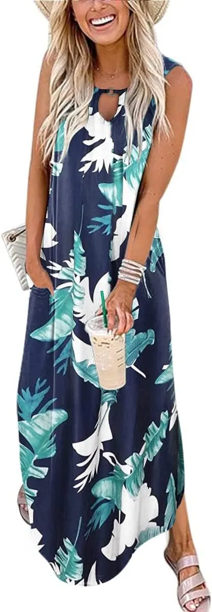 Womens Dresses Sleeveless Casual Loose Long Maxi Summer Beach Cover Ups Sun Boho Dress Split with Pockets