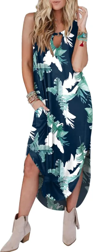 Womens Dresses Sleeveless Casual Loose Long Maxi Summer Beach Cover Ups Sun Boho Dress Split with Pockets