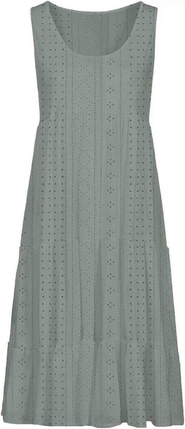 Womens Eyelet Dresses Summer Tiered Ruffle Hem Mini Swing Dress Casual Sleeveless Dress Crew Neck Flowy Beach Sundress