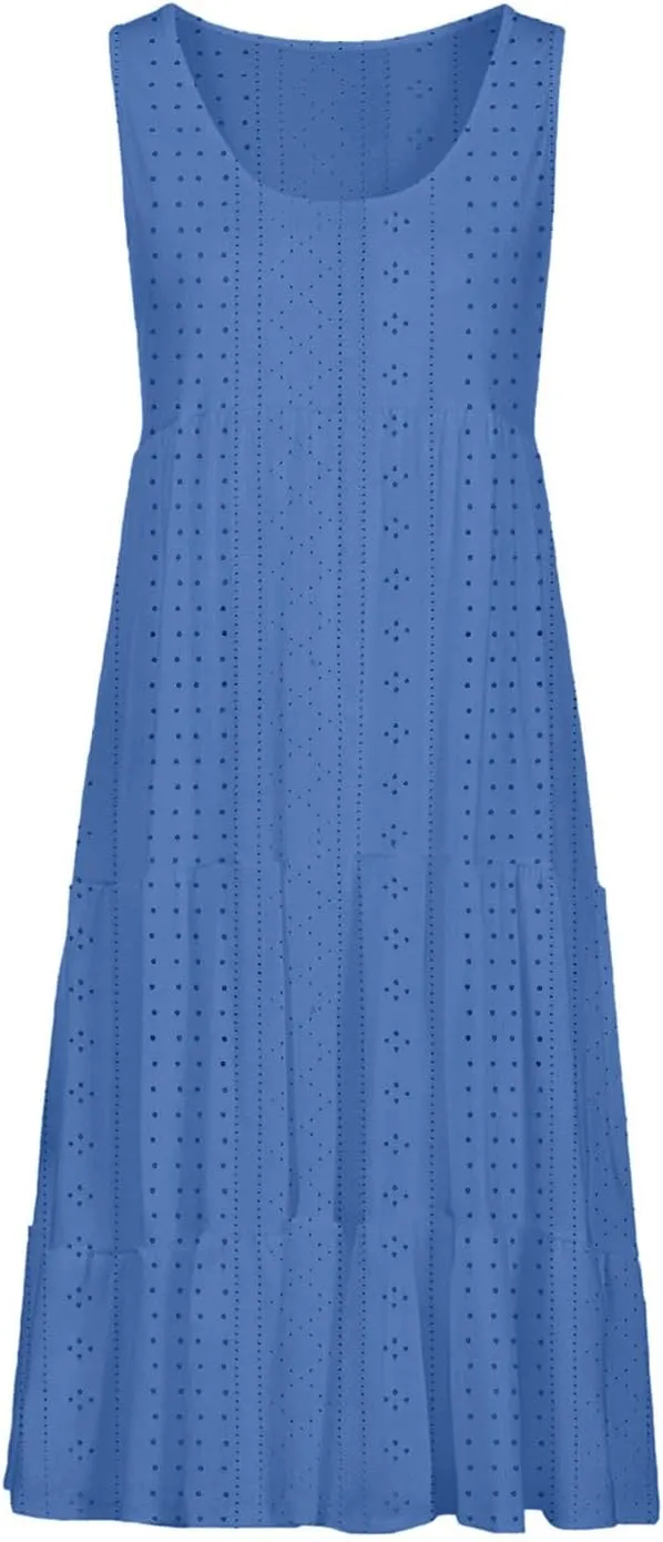 Womens Eyelet Dresses Summer Tiered Ruffle Hem Mini Swing Dress Casual Sleeveless Dress Crew Neck Flowy Beach Sundress