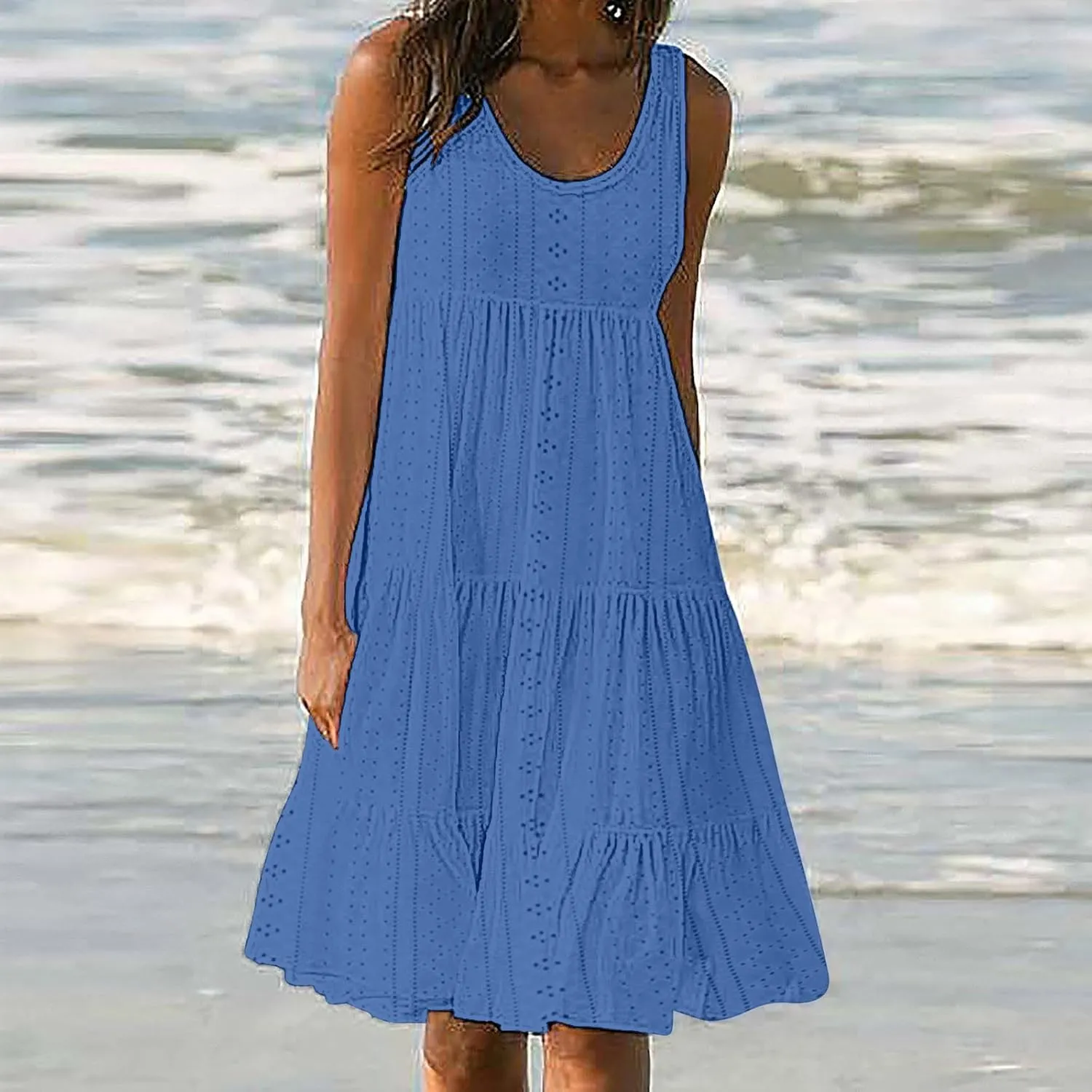 Womens Eyelet Dresses Summer Tiered Ruffle Hem Mini Swing Dress Casual Sleeveless Dress Crew Neck Flowy Beach Sundress