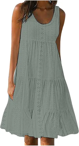 Womens Eyelet Dresses Summer Tiered Ruffle Hem Mini Swing Dress Casual Sleeveless Dress Crew Neck Flowy Beach Sundress