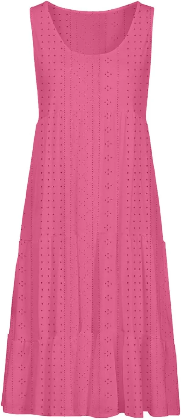 Womens Eyelet Dresses Summer Tiered Ruffle Hem Mini Swing Dress Casual Sleeveless Dress Crew Neck Flowy Beach Sundress
