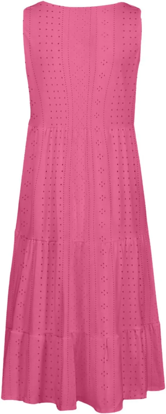 Womens Eyelet Dresses Summer Tiered Ruffle Hem Mini Swing Dress Casual Sleeveless Dress Crew Neck Flowy Beach Sundress