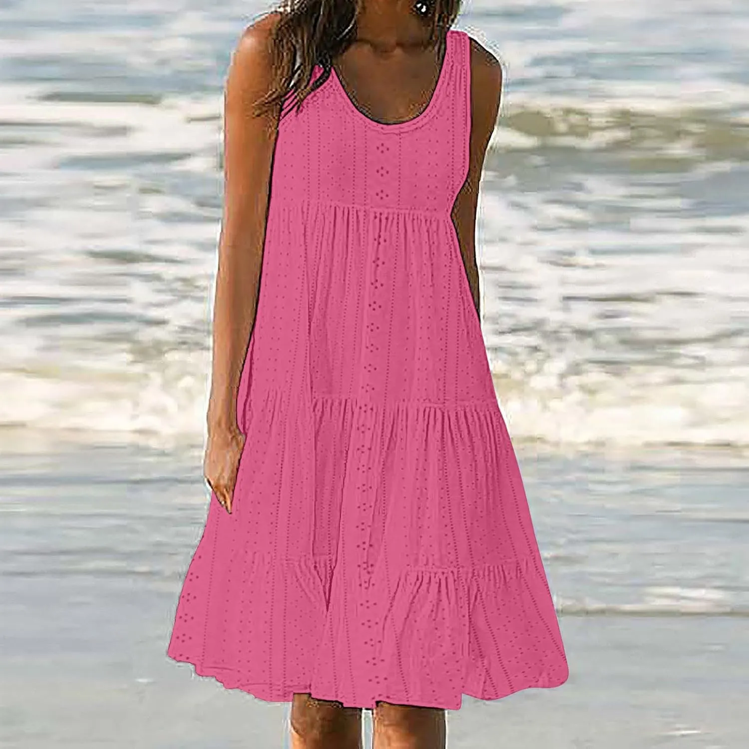 Womens Eyelet Dresses Summer Tiered Ruffle Hem Mini Swing Dress Casual Sleeveless Dress Crew Neck Flowy Beach Sundress