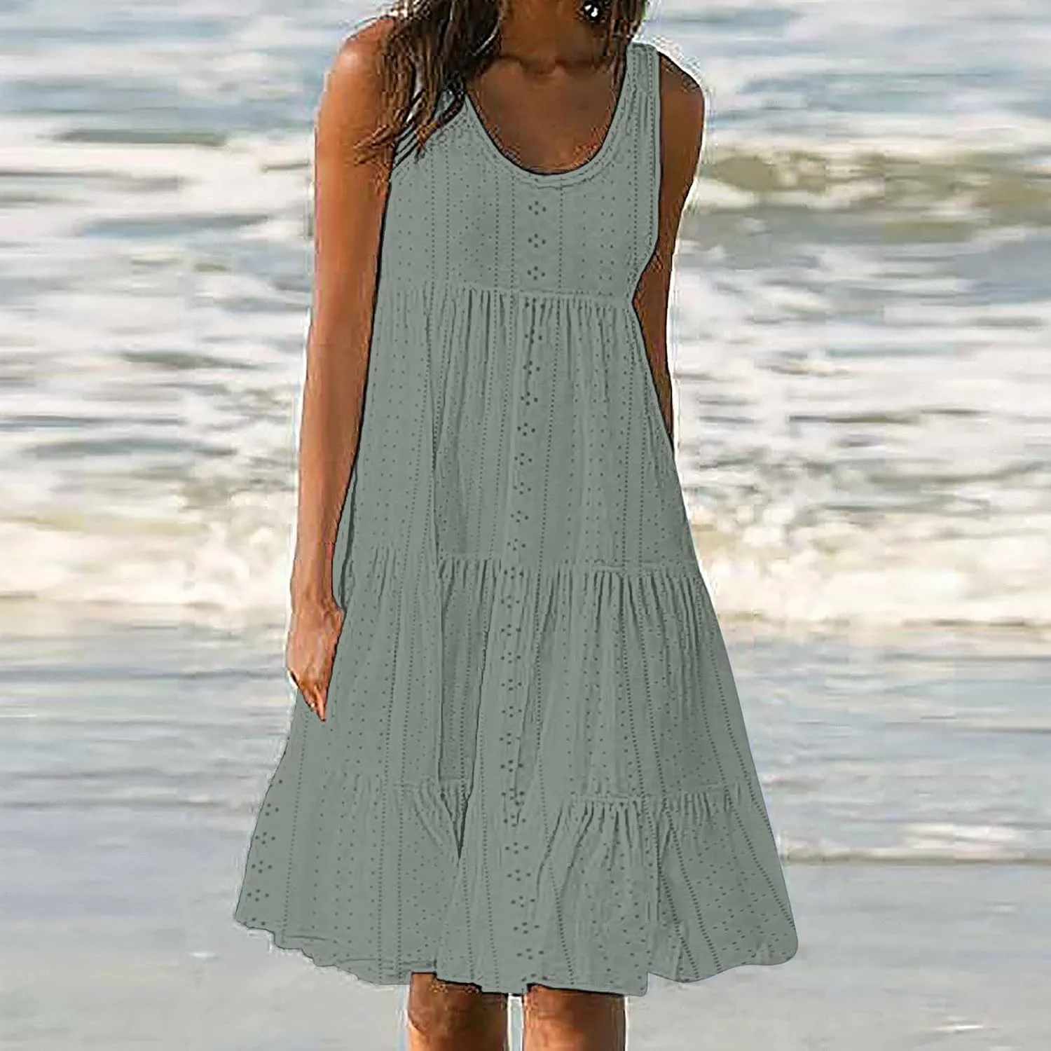 Womens Eyelet Dresses Summer Tiered Ruffle Hem Mini Swing Dress Casual Sleeveless Dress Crew Neck Flowy Beach Sundress