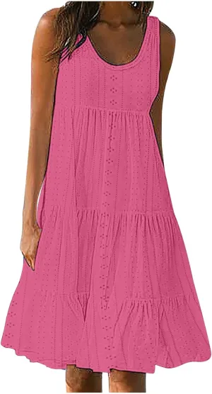 Womens Eyelet Dresses Summer Tiered Ruffle Hem Mini Swing Dress Casual Sleeveless Dress Crew Neck Flowy Beach Sundress