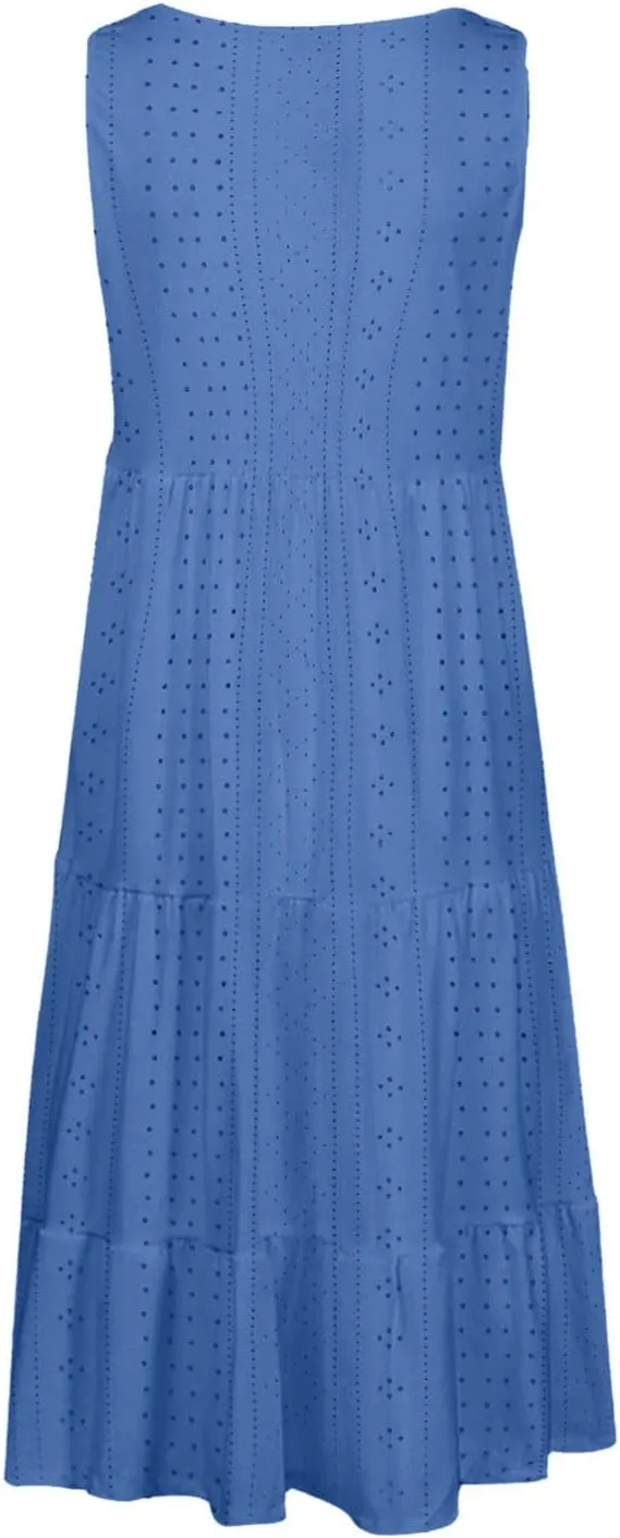 Womens Eyelet Dresses Summer Tiered Ruffle Hem Mini Swing Dress Casual Sleeveless Dress Crew Neck Flowy Beach Sundress