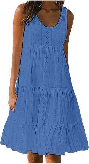 Womens Eyelet Dresses Summer Tiered Ruffle Hem Mini Swing Dress Casual Sleeveless Dress Crew Neck Flowy Beach Sundress