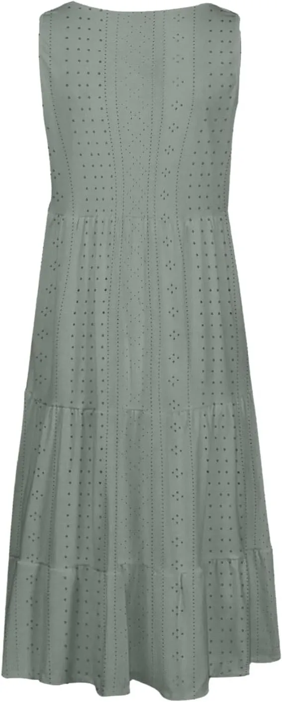 Womens Eyelet Dresses Summer Tiered Ruffle Hem Mini Swing Dress Casual Sleeveless Dress Crew Neck Flowy Beach Sundress
