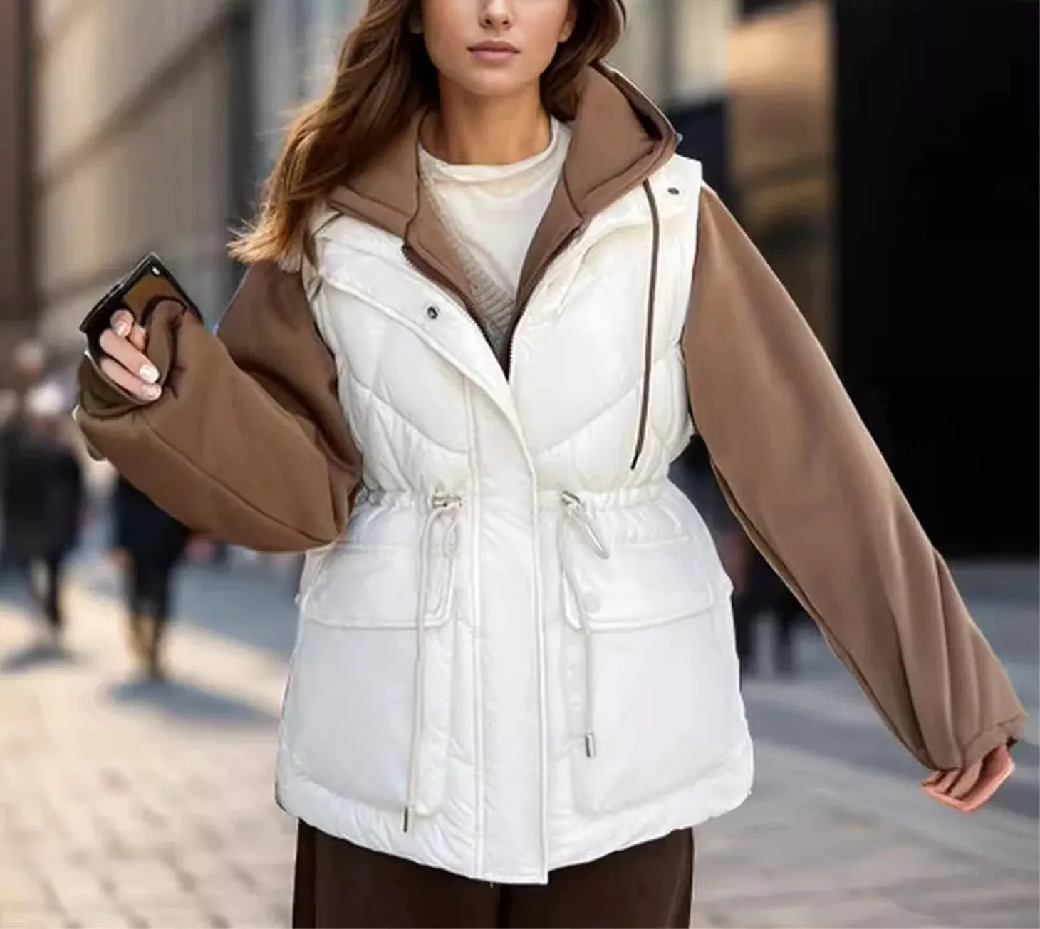 Women's Fake Two Pieces Patchwork Parka Coat Vintage Drawstring Hooded Cotton-Padded Jacket