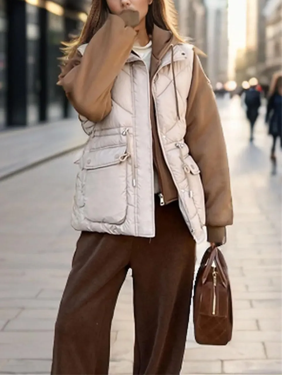 Women's Fake Two Pieces Patchwork Parka Coat Vintage Drawstring Hooded Cotton-Padded Jacket
