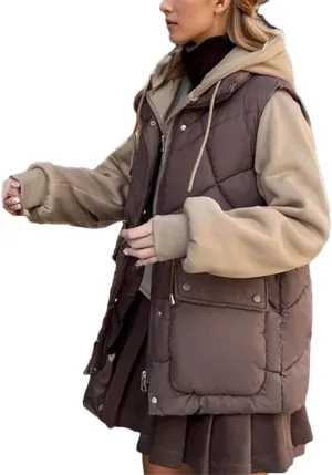 Women's Fake Two Pieces Patchwork Parka Coat Vintage Drawstring Hooded Cotton-Padded Jacket