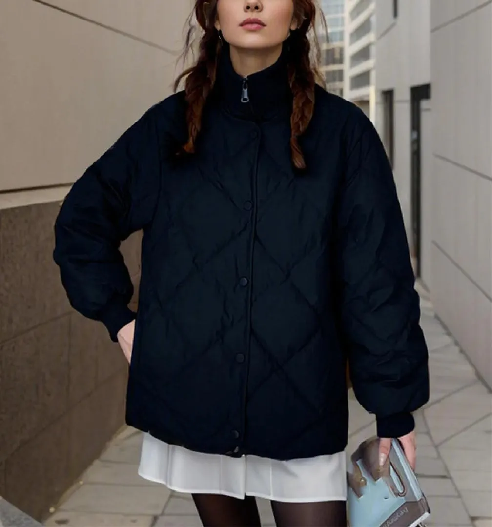 Women's Fake Two Pieces Short Parkas Coats Vintage Knitted High Collar Button Cotton-Padded Jacket