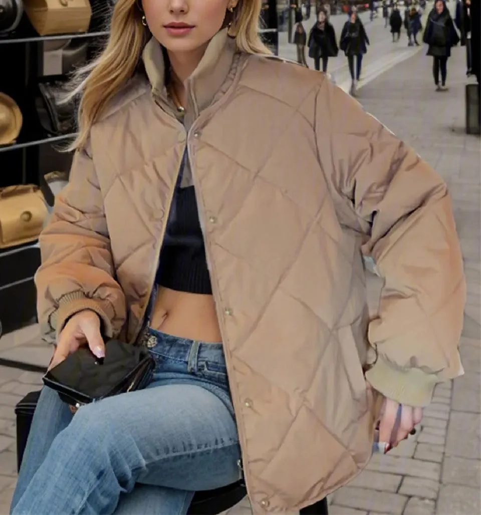 Women's Fake Two Pieces Short Parkas Coats Vintage Knitted High Collar Button Cotton-Padded Jacket